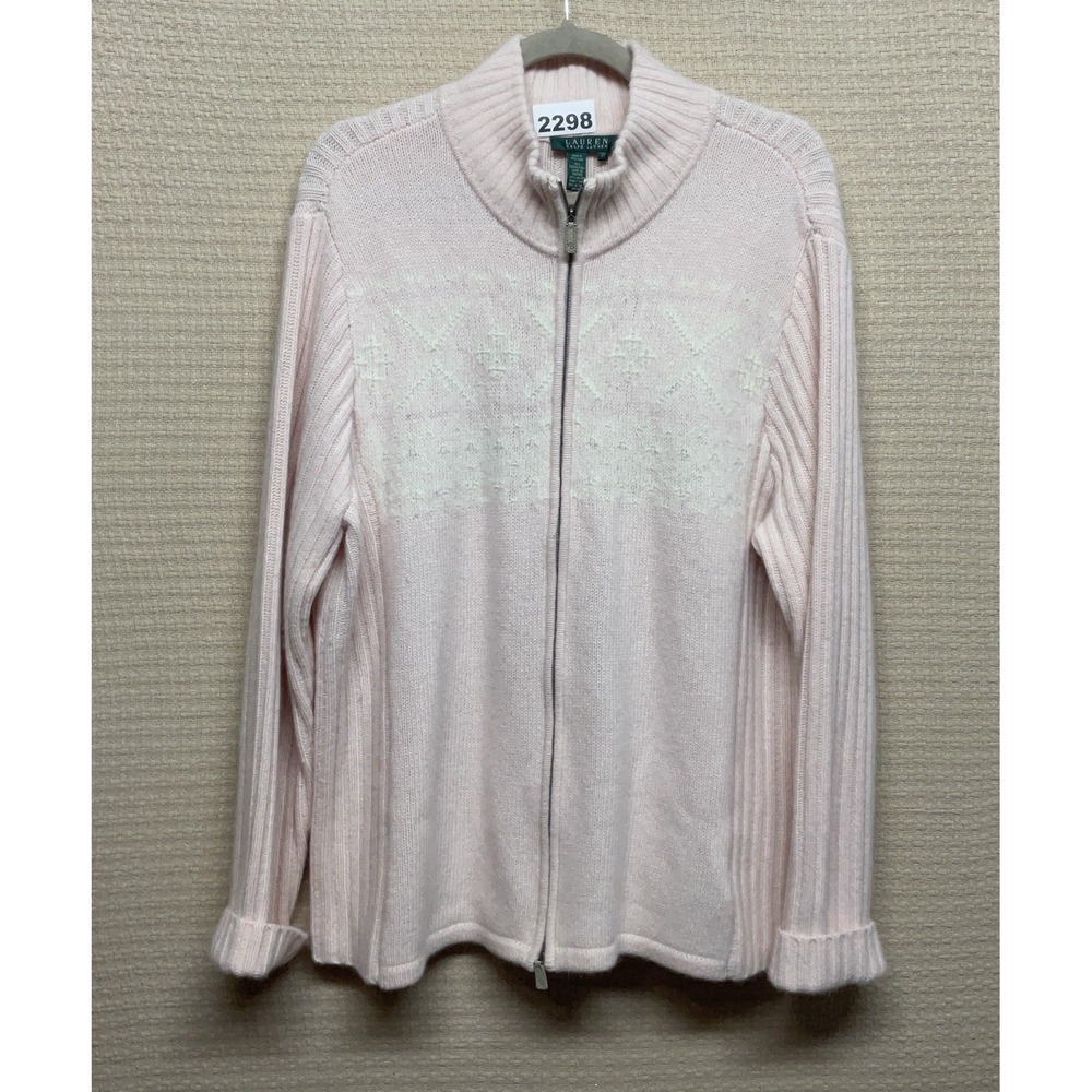 VTG Ralph Lauren Sweater Womens 2X PalePink Wool Angora Full Zip Cardigan Nordic